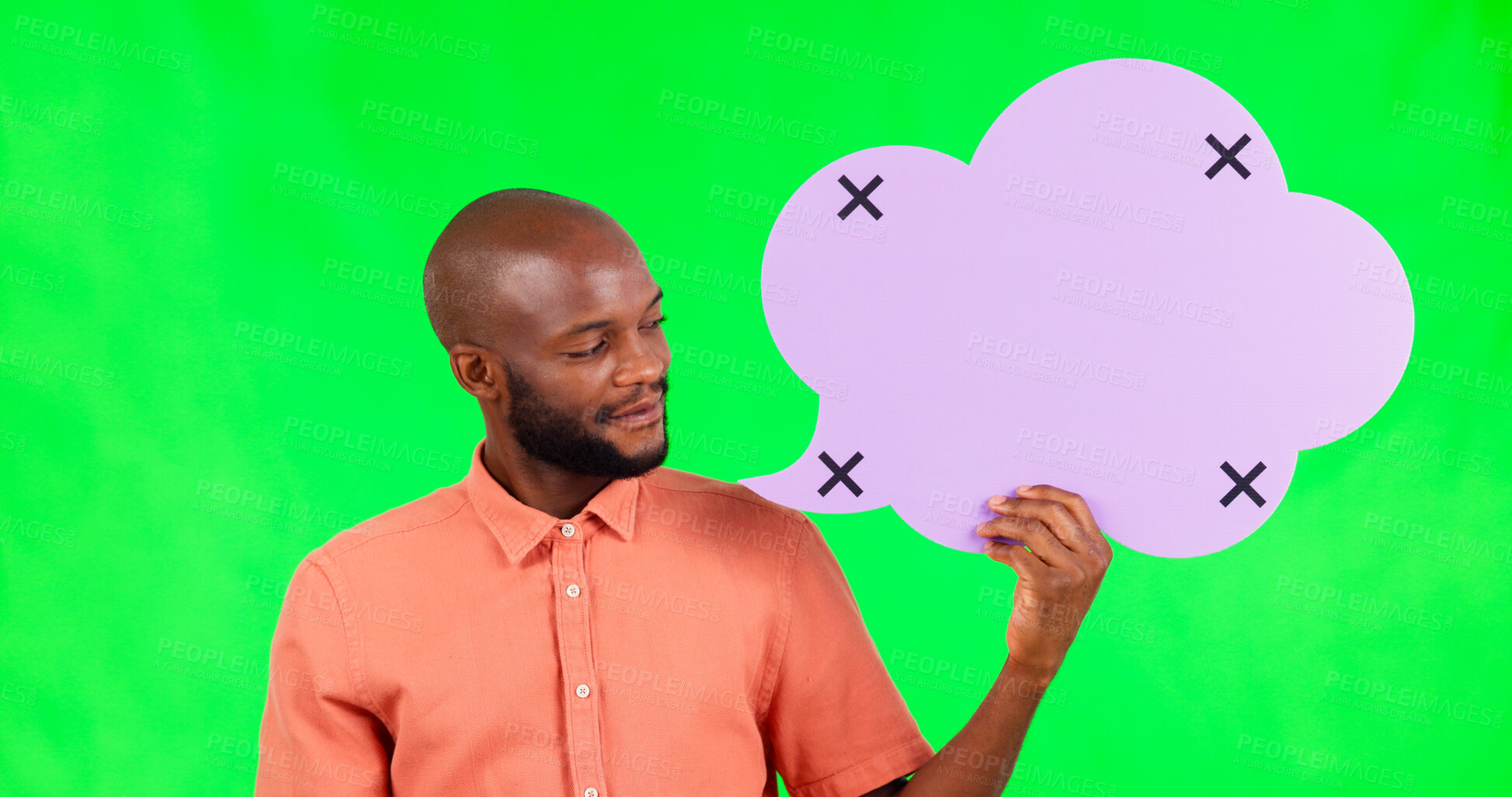 Buy stock photo Speech bubble, space and black man by green screen with mockup for communication. Advertising, marketing or African person with board, sign or placard with tracking markers by chroma key background.