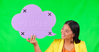 Speech bubble, green screen and happy woman face with tracking markers in studio for promo on mockup background. Space, poster and portrait of asian female with FAQ, feedback and language translation