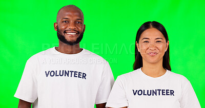 Buy stock photo Portrait, teamwork or volunteer on green screen for support, community project or donation in studio background. Humanitarian, confident or face of proud people with smile, charity or npo together