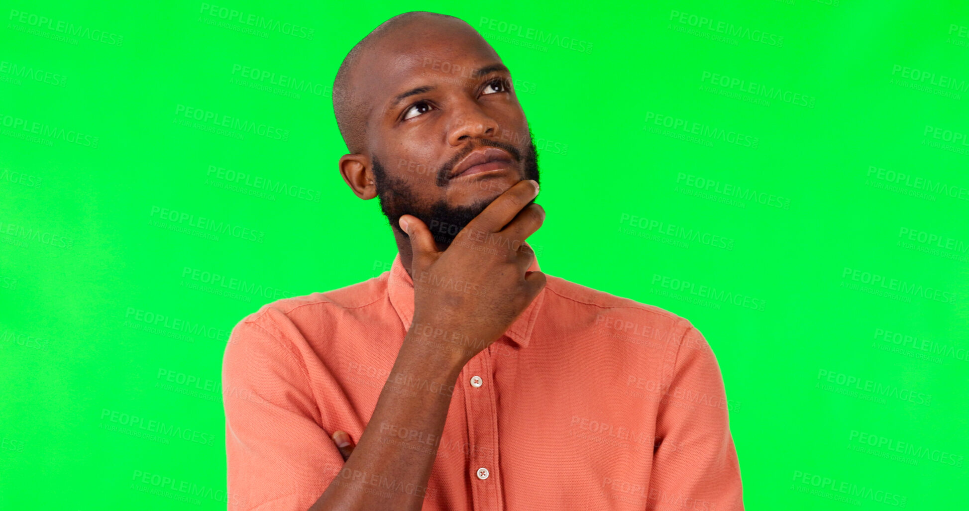 Buy stock photo Black man, thinking and choice on green screen, decision or brainstorming, mockup space on studio background. Ideas, thoughtful or African male person contemplating with questions and inspiration