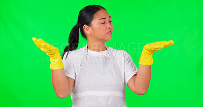 Cleaning, presentation and happy with woman on green screen for idea, choice and decision. Advertising, hygiene and show with portrait of person on studio background for offer, opinion and mockup
