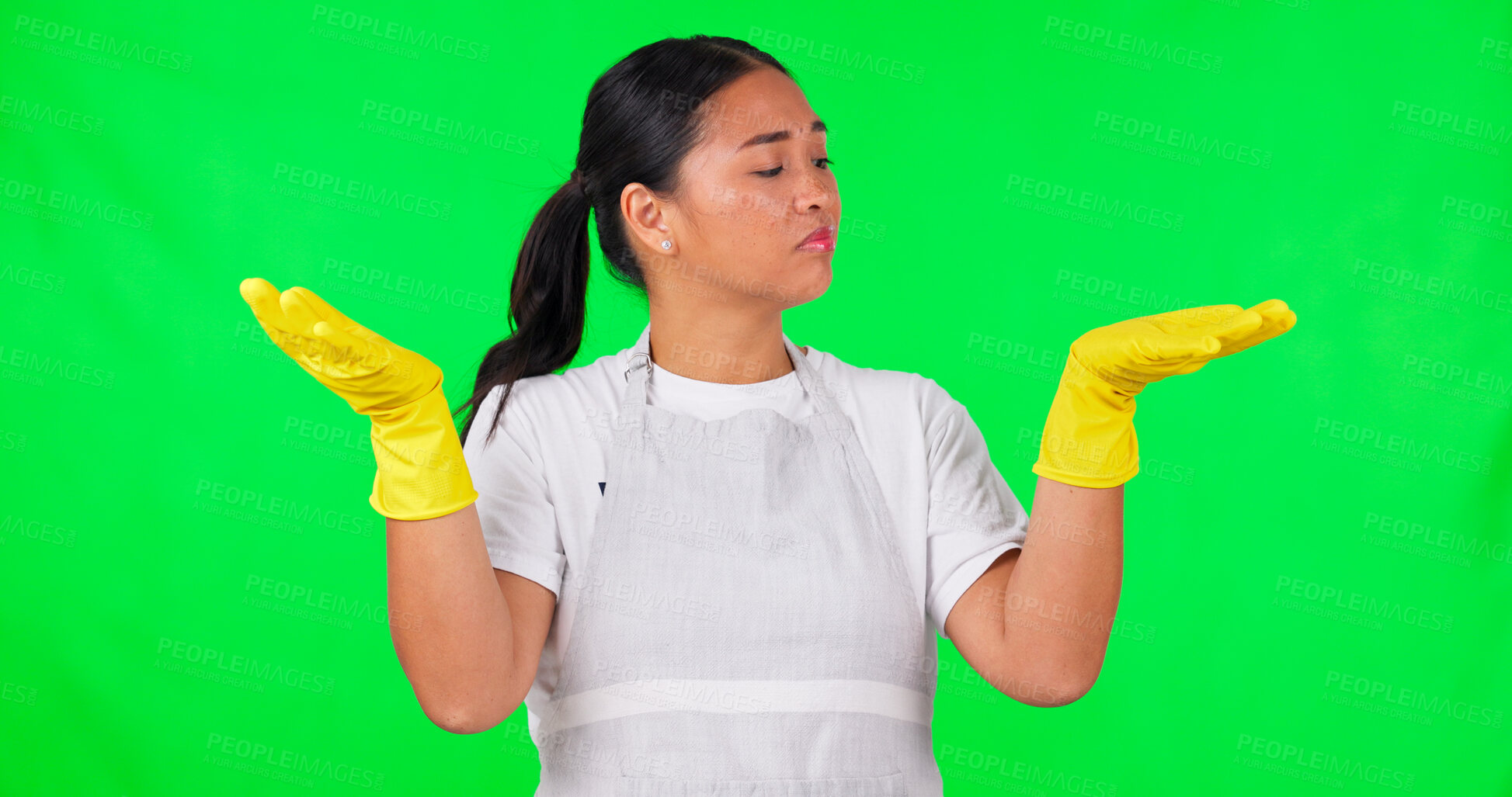 Buy stock photo Cleaning, choice or woman with gloves on green screen for idea, hygiene or decision on studio background. Cleaner, present or Asian female person with ads space for offer promotion, opinion or mockup