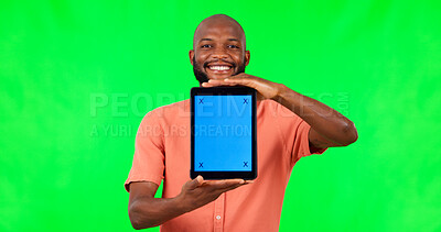 Buy stock photo Portrait of black man, tablet or mockup with green screen or chroma key for advertising, news or promo. Happy African person, studio or digital technology for social media announcement or marketing