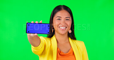 Buy stock photo Portrait of woman, green screen and phone with mockup space or tracking markers on studio background. Media, mobile or happy asian lady showing product placement for news and how to steps for app 