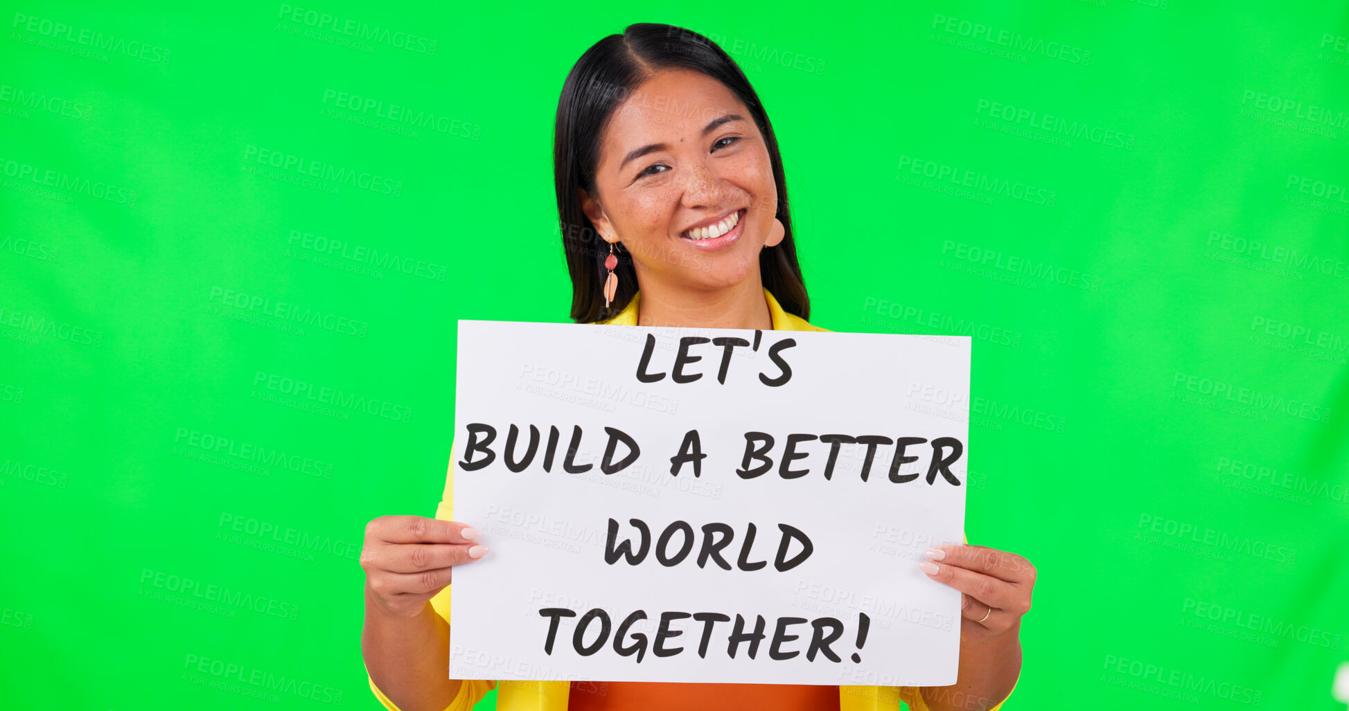 Buy stock photo Green screen, poster and woman face in studio with news of change, charity or transformation on mockup background. Banner, announcement or activist with donation, billboard or social responsibility