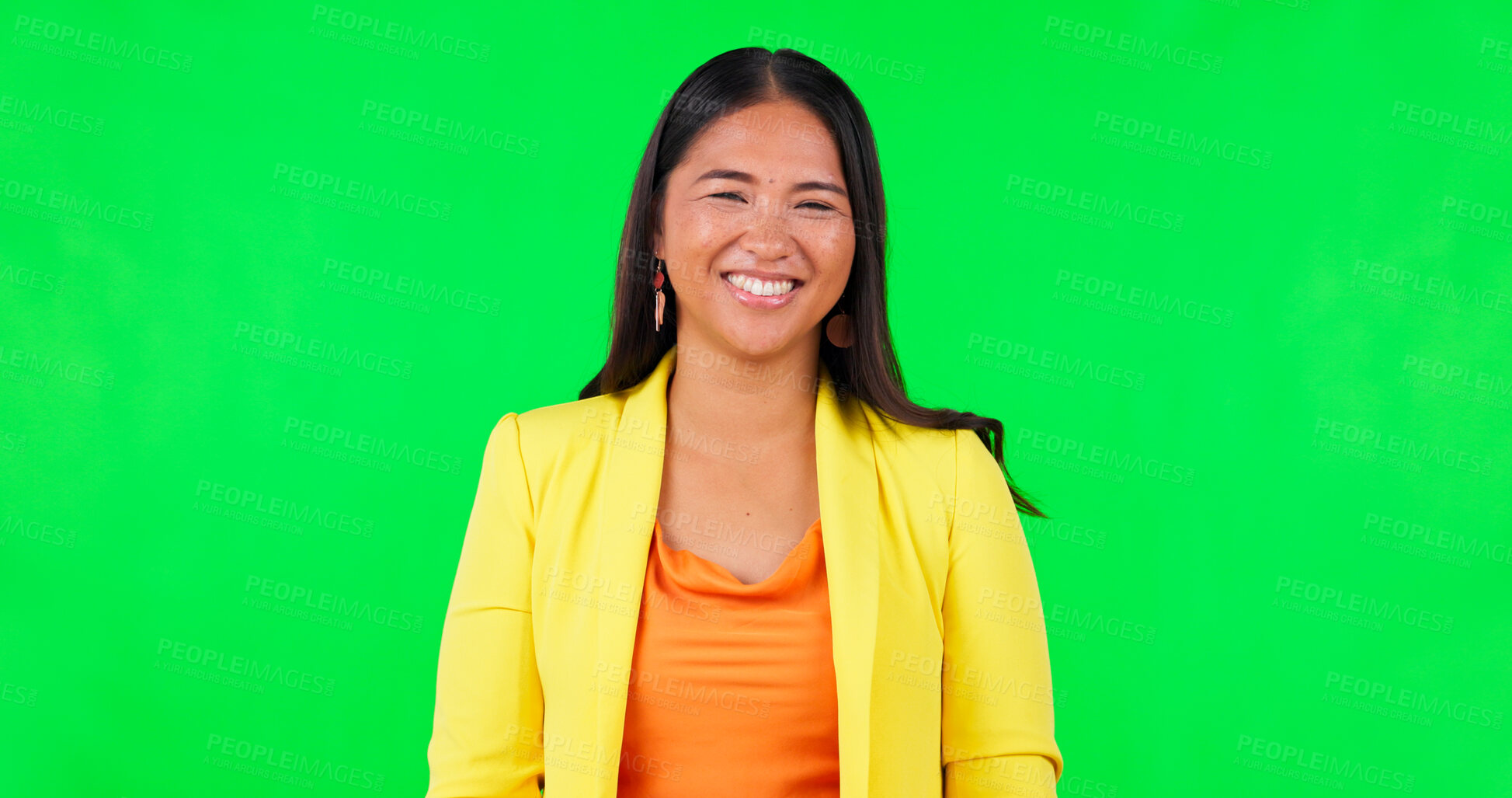 Buy stock photo Green screen, face and happy business woman in studio laughing for comic, joke or funny news on mockup background. Smile, friendly and portrait of employer pose for contact us, hiring or recruitment