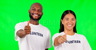 Buy stock photo Thumbs up, volunteer and portrait of people on green screen for thank you, agreement and support, Diversity, studio and man and woman with yes hand gesture for charity, community service and help