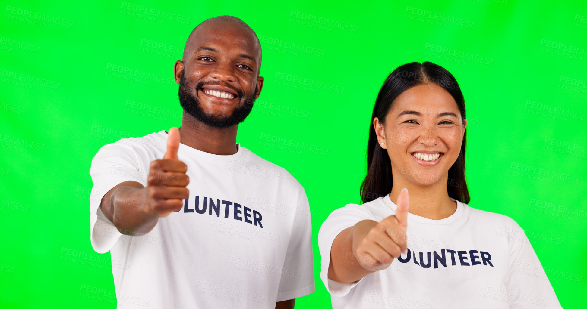 Buy stock photo Thumbs up, volunteer and portrait of people on green screen for thank you, agreement and support, Diversity, studio and man and woman with yes hand gesture for charity, community service and help