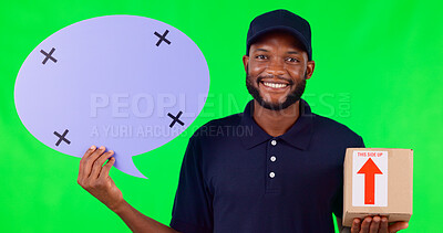 Speech bubble, mockup and a delivery black man on green screen in studio with a box for social media. Portrait, marketing or advertising and a male courier holding mockup with tracking markers