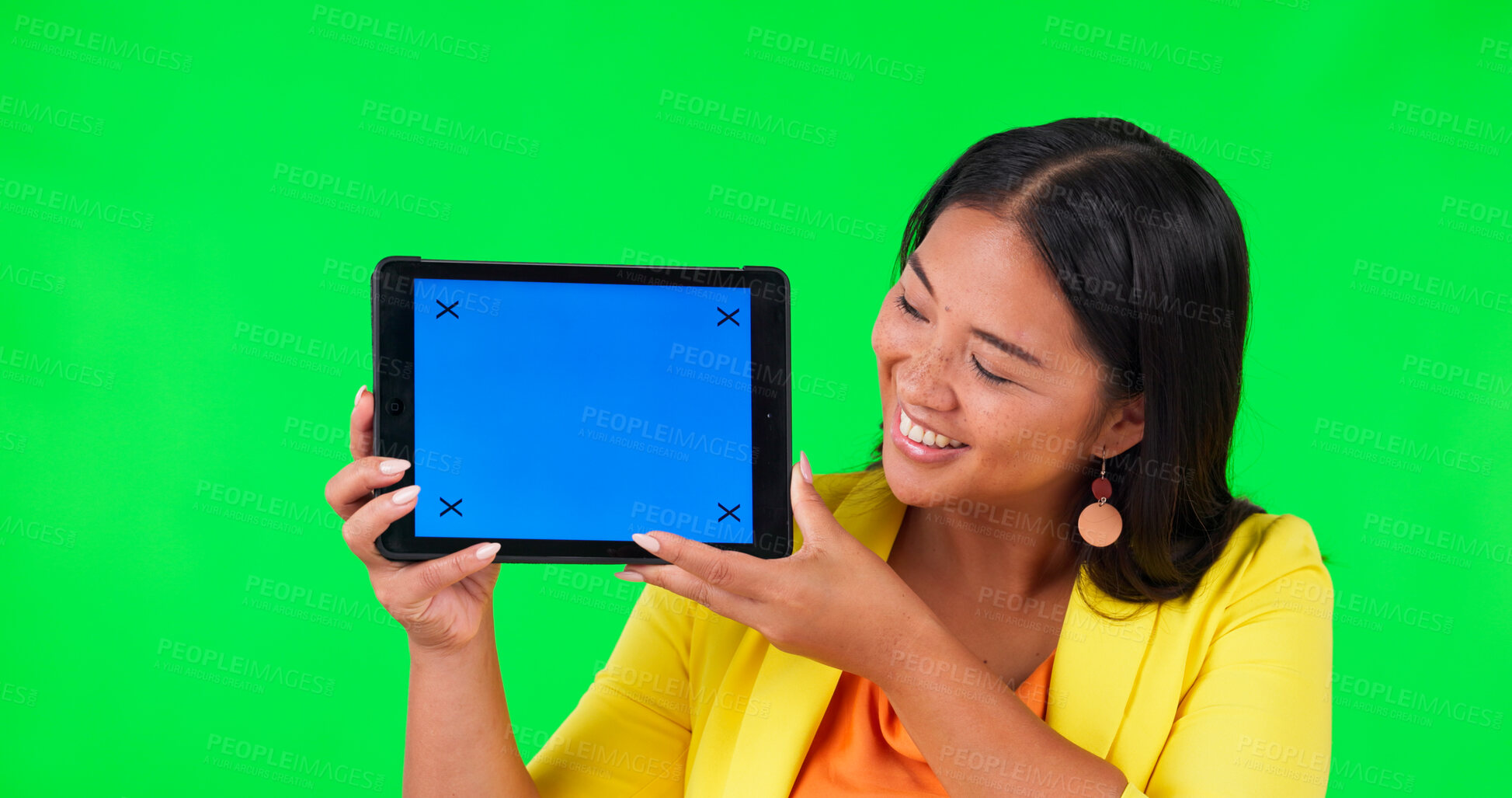 Buy stock photo Woman, tablet or mockup with green screen or chroma key for advertising, news or promo on studio background. Happy Asian person, space or digital technology for social media announcement or marketing