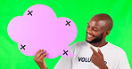 Black man, speech bubble and volunteer on green screen, voice and communication with tracking marker on studio background. Social media, dialogue and male person with nonprofit feedback and how to