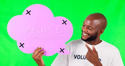 Buy stock photo Speech bubble, space and volunteer by green screen with mockup for communication. Advertising, marketing or African male person with board or sign with tracking markers by chroma key background.