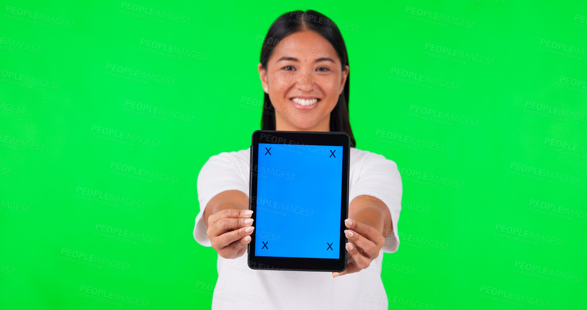 Buy stock photo Portrait of woman, tablet or mockup with green screen for advertising, news or promo on studio background. Happy Asian person, space or tracking markers for social media announcement or marketing