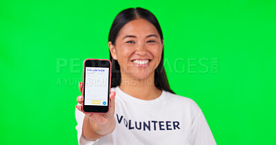 Buy stock photo Phone, volunteer and portrait of Asian woman on green screen for mobile app, website and online sign up. Non profit, studio and person with smartphone screen for charity, community service and help