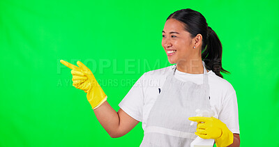 Buy stock photo Cleaning, happy or woman on green screen pointing to idea, choice or decision on studio background. Ads space, hygiene service or Asian female cleaner with smile for offer promotion, sale or mockup