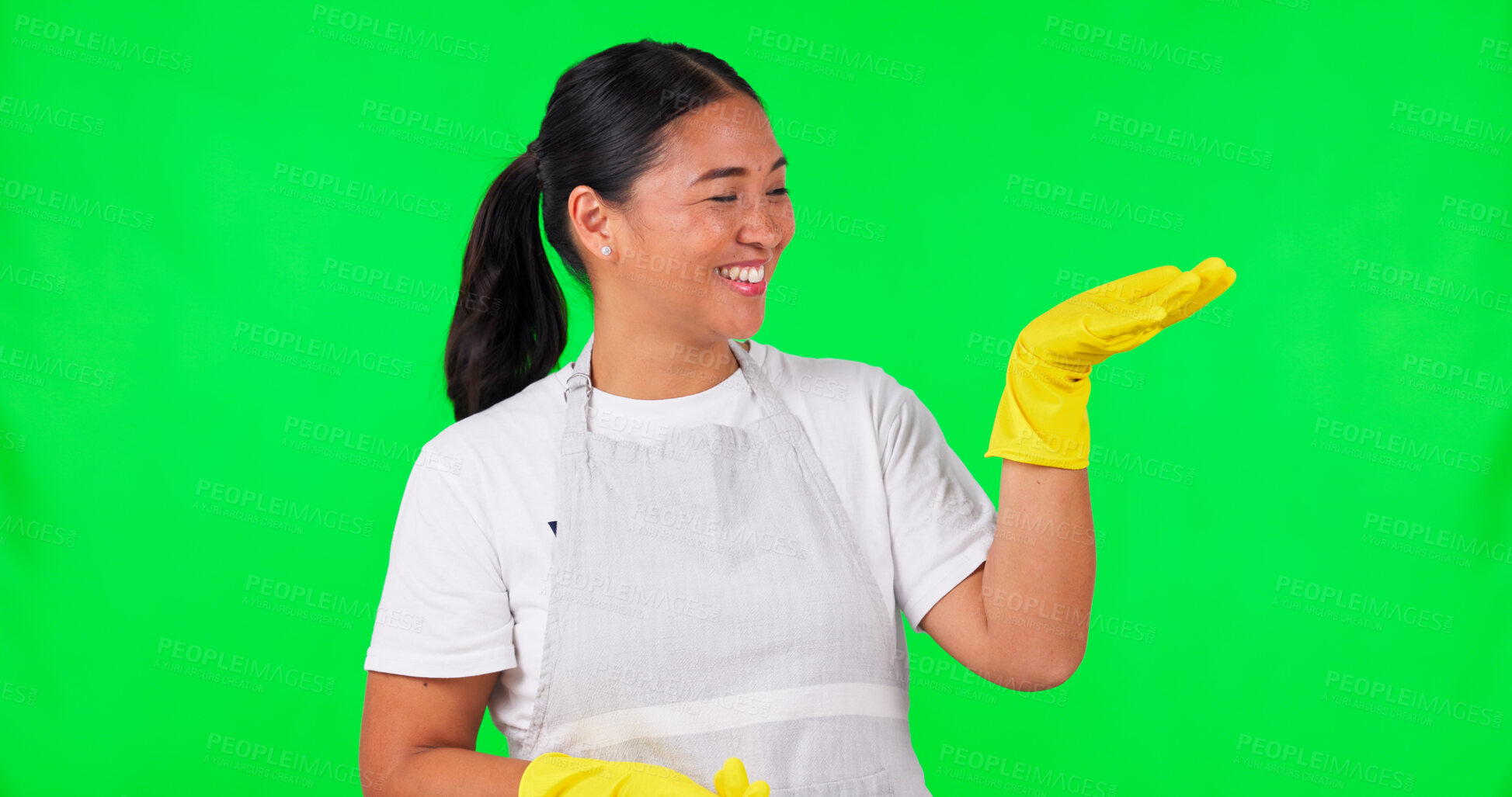 Buy stock photo cleaning, service or woman with gloves on green screen for idea, choice or decision on studio background. Ads space, hygiene or Asian female person with smile for offer promotion, opinion or mockup