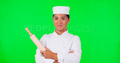 Green screen, baker and woman face with hand pointing and rolling pin in studio for checklist or info on mockup background. Portrait, chef and asian female showing steps, checklist or how to menu
