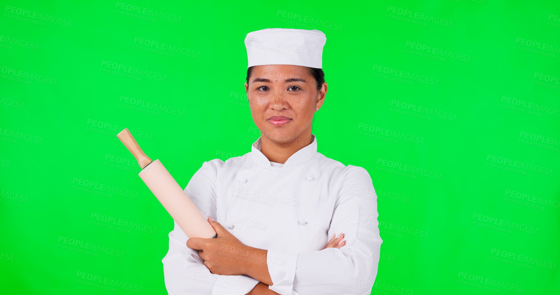 Buy stock photo Green screen, studio and face of woman baker with rolling pin for cooking, learning or recipe tips on mockup background. Food, portrait or Japanese chef show menu, steps and sign up, faq or guide