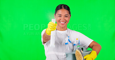 Buy stock photo Portrait of woman, cleaning or spray on green screen for hygiene, household maintenance or product. Cleaner ready, service or face of Asian female person with detergent bottle on studio background