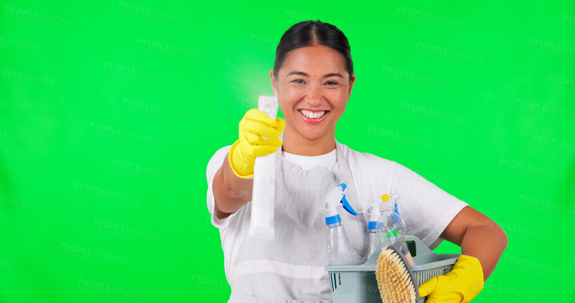 Buy stock photo Portrait of woman, cleaning or spray on green screen for hygiene, household maintenance or product. Cleaner ready, service or face of Asian female person with detergent bottle on studio background