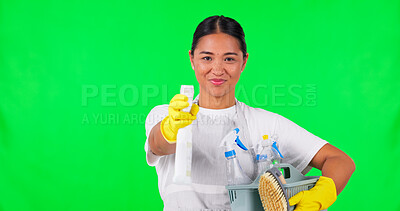 Buy stock photo Portrait of woman, cleaner or spray on green screen for hygiene, household maintenance or cleaning product. Ready, service or face of Asian female person with detergent bottle on studio background