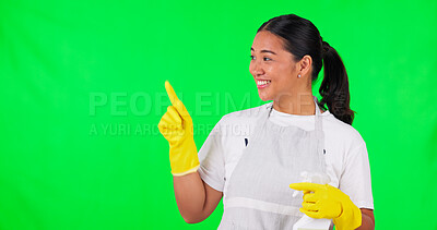 Buy stock photo Cleaning, service or woman on green screen pointing to idea, choice or decision on studio background. Ads space, hygiene or happy Asian female person with smile for offer promotion, opinion or mockup