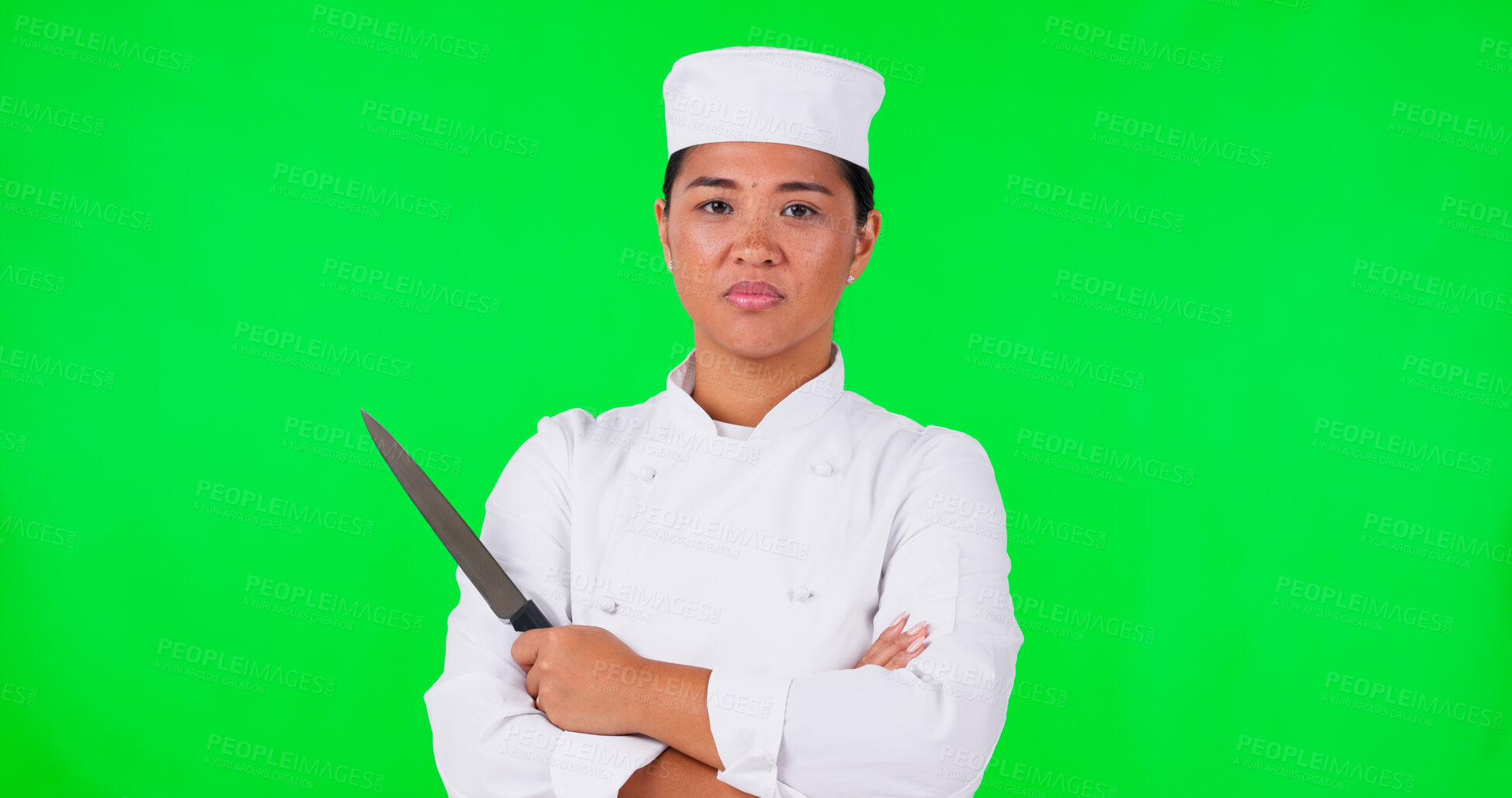 Buy stock photo Cook, woman or portrait with a knife on a green screen with tools and pride for career or industry. Face of serious asian person or chef with arms crossed ready for cooking for Chinese restaurant