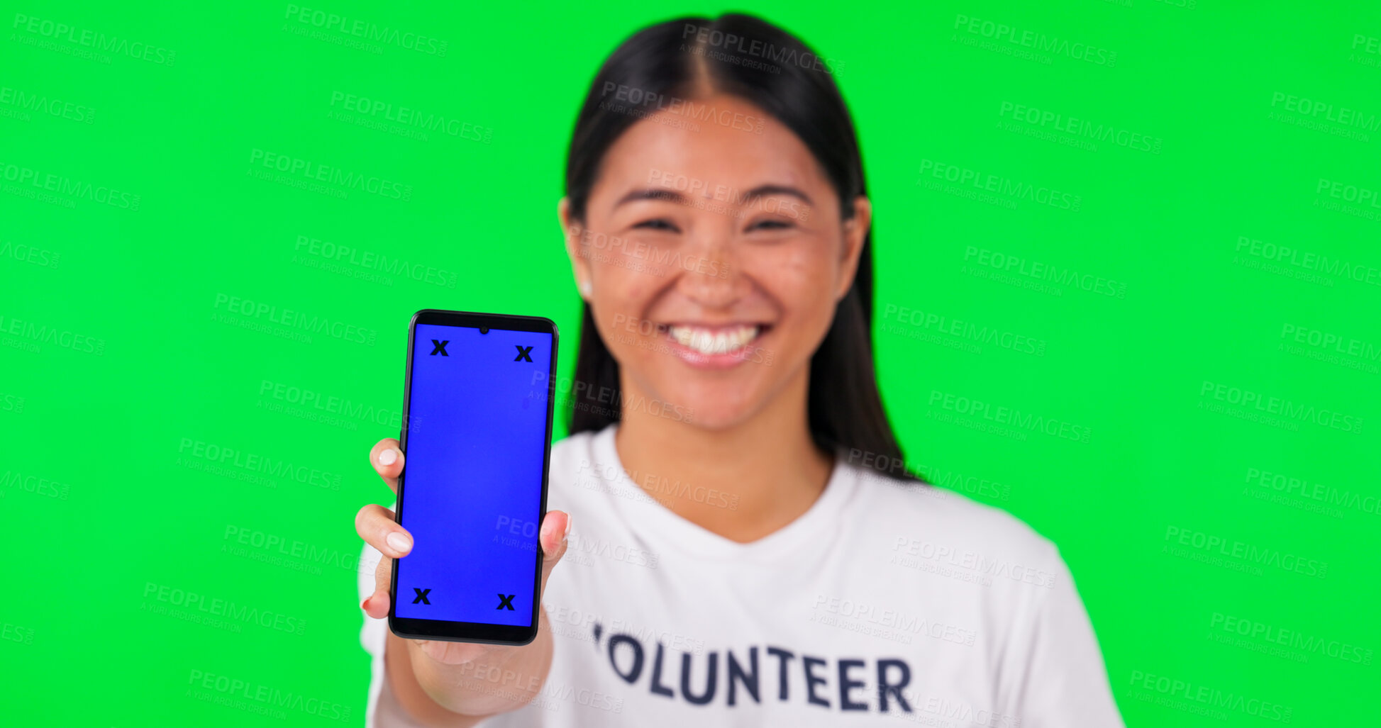 Buy stock photo Phone, volunteer and portrait of woman on green screen for mobile app, website and online sign up. Nonprofit, ngo news and person on smartphone screen for charity, community service or help in studio
