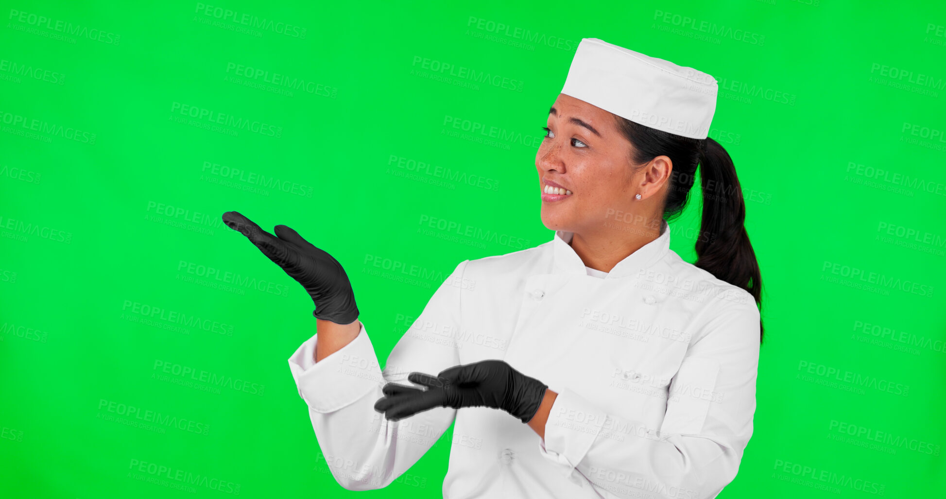 Buy stock photo Green screen, smile and woman chef with hand pointing to studio announcement, news or cooking opportunity on mockup background. Food, presentation or baker show teaching tips, steps or menu guide