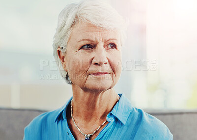 Buy stock photo Home, thinking and pensive of senior woman with nostalgia, contemplation and introspection on sofa. House, elderly person and thoughts for mental health, remember memory and dementia in retirement