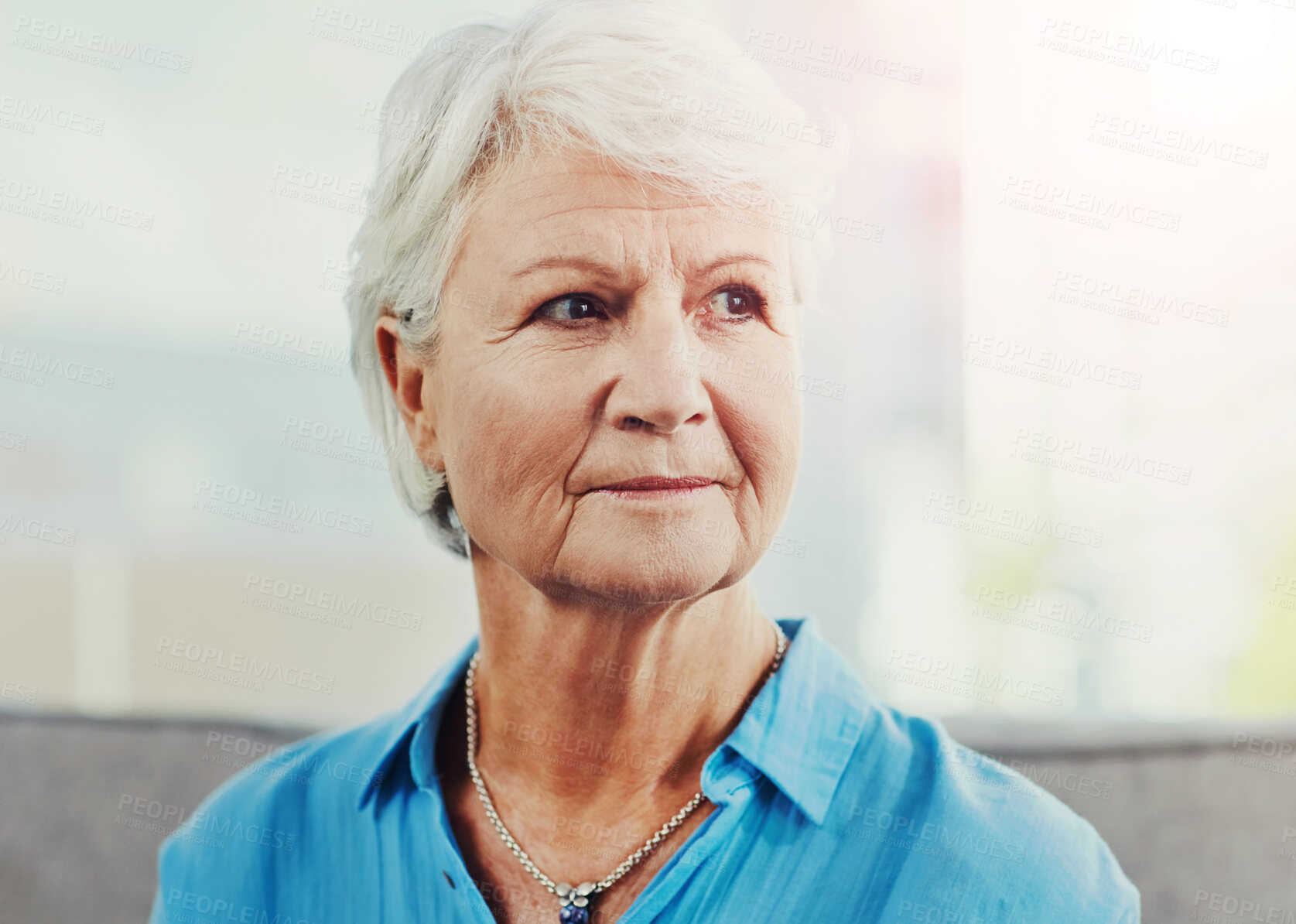 Buy stock photo Home, thinking and pensive of senior woman with nostalgia, contemplation and introspection on sofa. House, elderly person and thoughts for mental health, remember memory and dementia in retirement