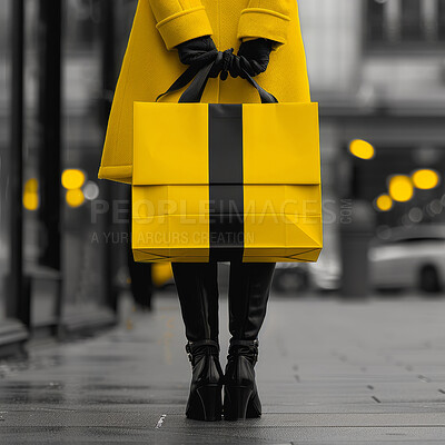 Legs, shopping and woman in city, bag and purchase with discount deal, black and yellow. Outdoor, person and girl with package, present or gift with customer, retail therapy or consumer with sales