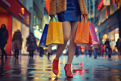 Person, walking and shopping bag at night on street for retail therapy, promotion and customer discount. Shoes, woman and shopper in Milan for holiday or vacation, purchase or sales in store