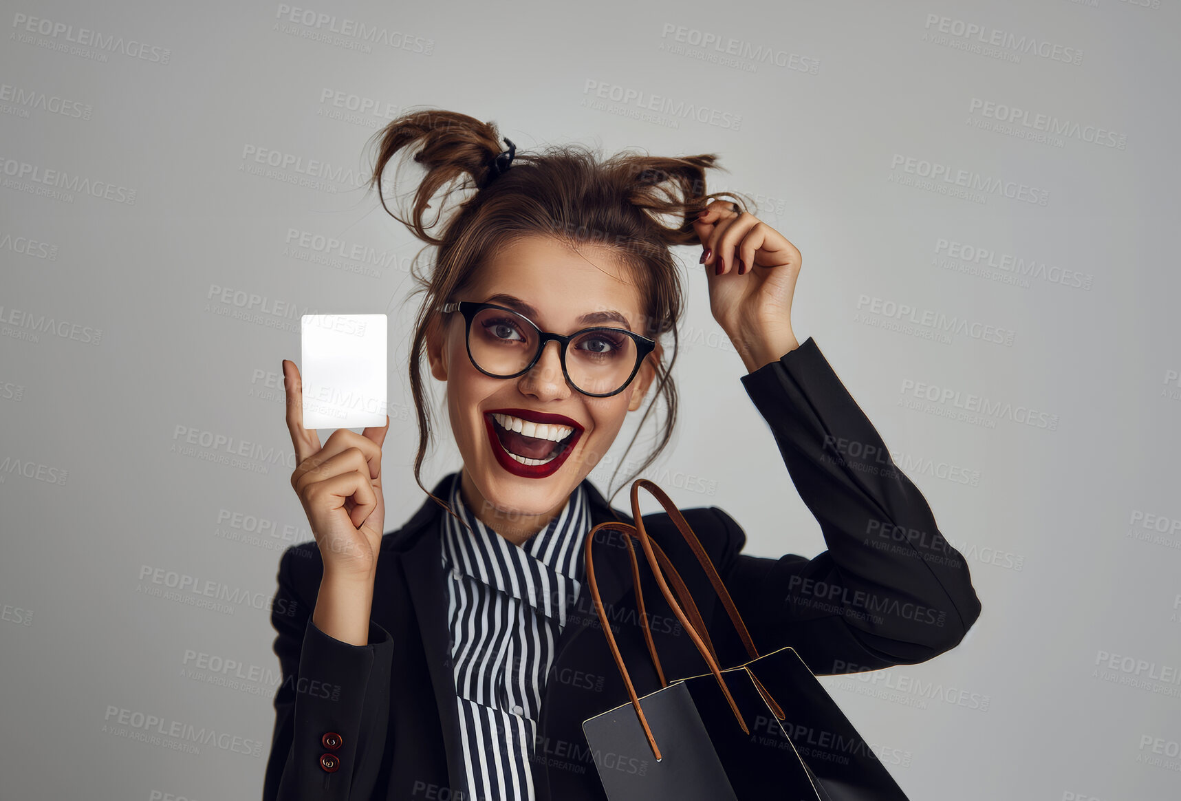 Buy stock photo Portrait, business card and woman with shopping bags, excited and customer on grey studio background. Face, person and model with mockup space, punk rock and edgy outfit with girl, edgy and promotion