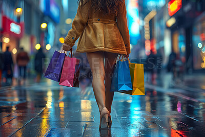 Shopping bag, walking and legs of person at city, retail therapy and customer promotion. Shoes, woman and fashion in London for weekend holiday or vacation, discount or sales in boutique store
