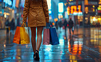 Night, shopping bag and person walking on street, retail therapy and customer promotion in city. Shoes, woman or shopper in London for weekend holiday or vacation, discount or sales in boutique store