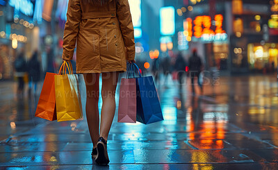 Night, shopping bag and person walking on street, retail therapy and customer promotion in city. Shoes, woman or shopper in London for weekend holiday or vacation, discount or sales in boutique store