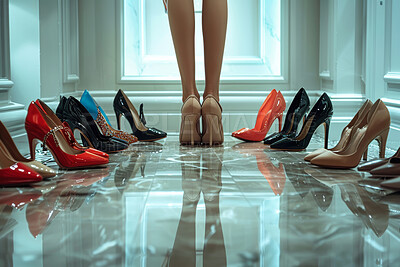 Rich, fashion and legs of woman with shoes for decision, option and wealth in closet at home. House, high heels and elegant female person with choice for footwear in designer, clothes or luxury style
