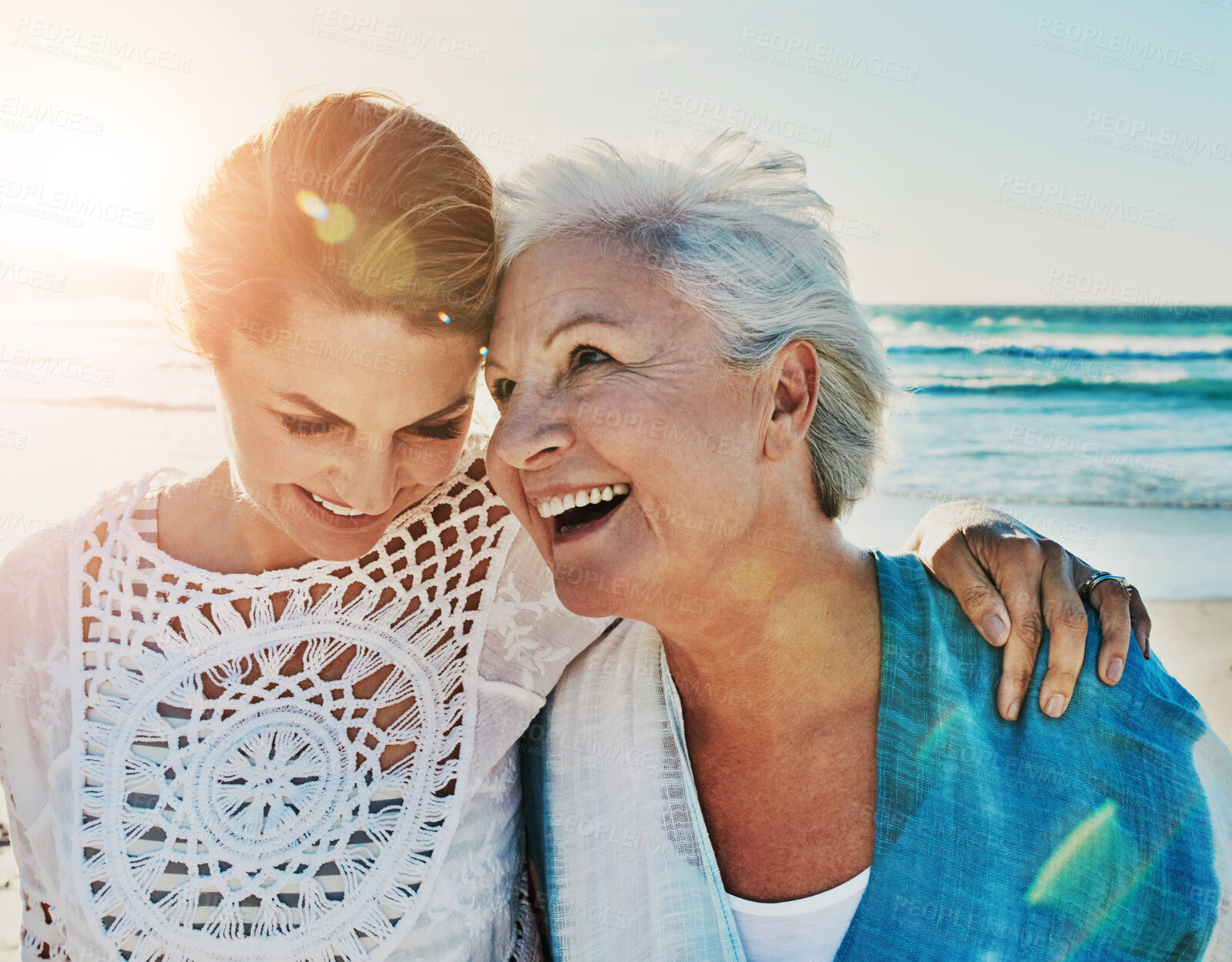 Buy stock photo Senior mother, daughter and bonding hug on beach, family and travel vacation or holiday together for relax break. Summer, happy and woman for relationship love or support, Florida ocean and nature