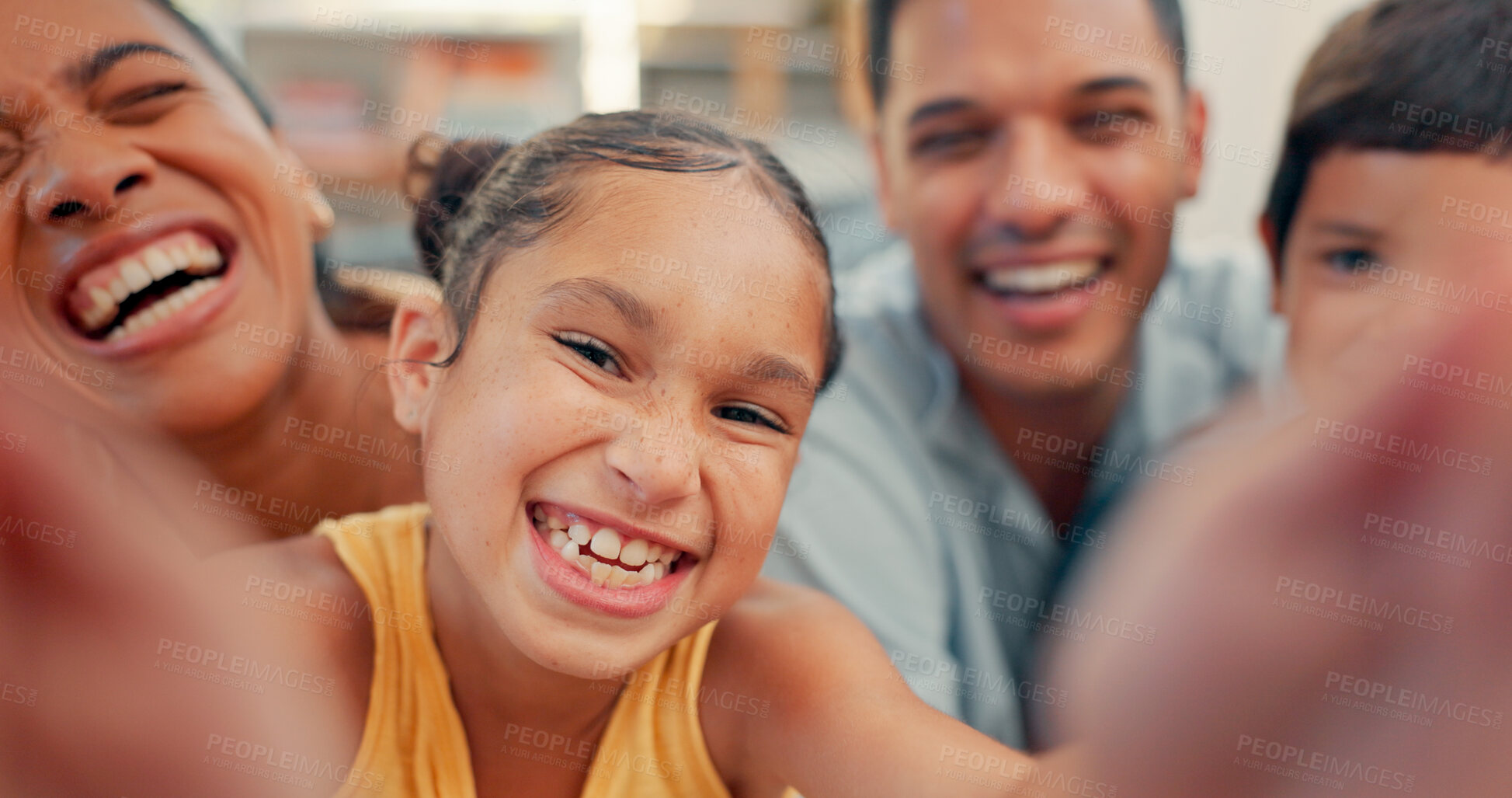 Buy stock photo Family, selfie and funny face of girl, kids and parents in living room at home. Comedy, profile picture and young children together for fun with app and social media with playing, bonding and care