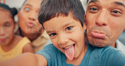 Family, selfie and funny face of children and parents together in a living room at home. face of a man, woman and young kids together for fun, happiness and picture while playing for bonding and care