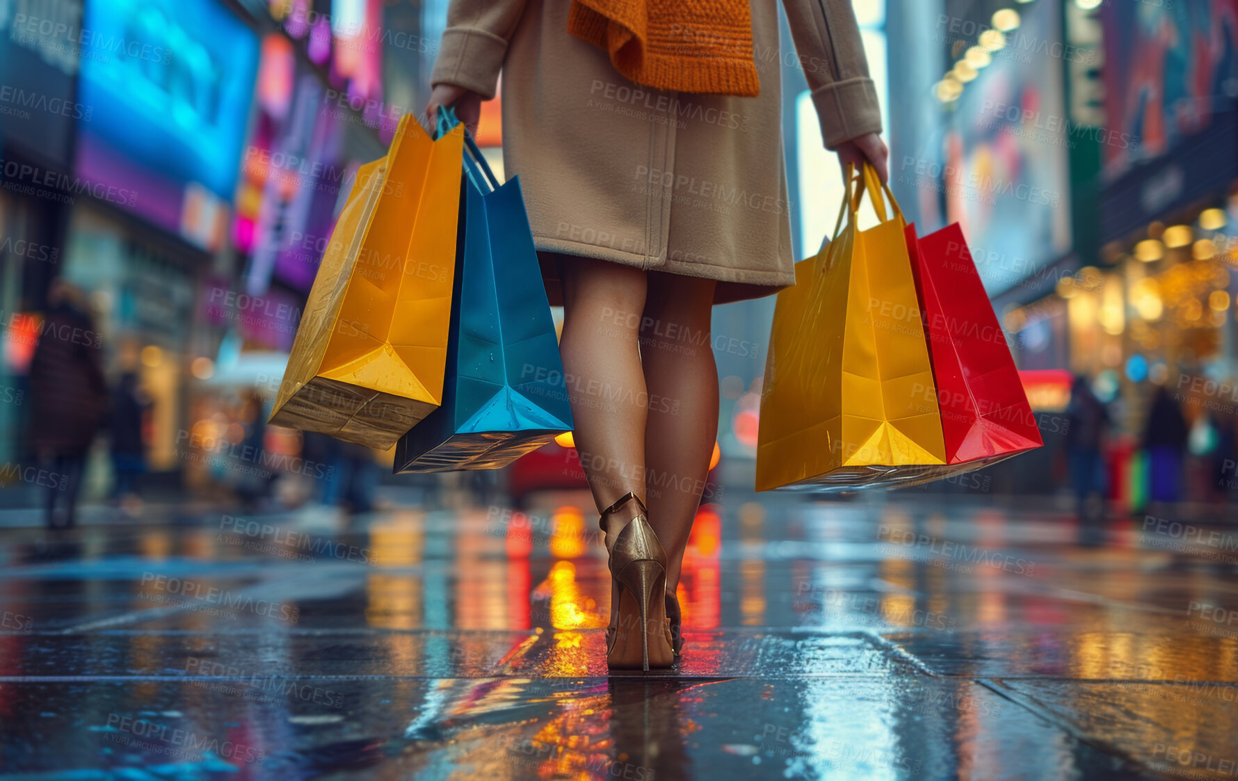 Buy stock photo City, walking and legs of woman with shopping bag, color and style for retail therapy at night. Fashion, customer and discount sale at luxury boutique with designer shoes, clothes and urban street.