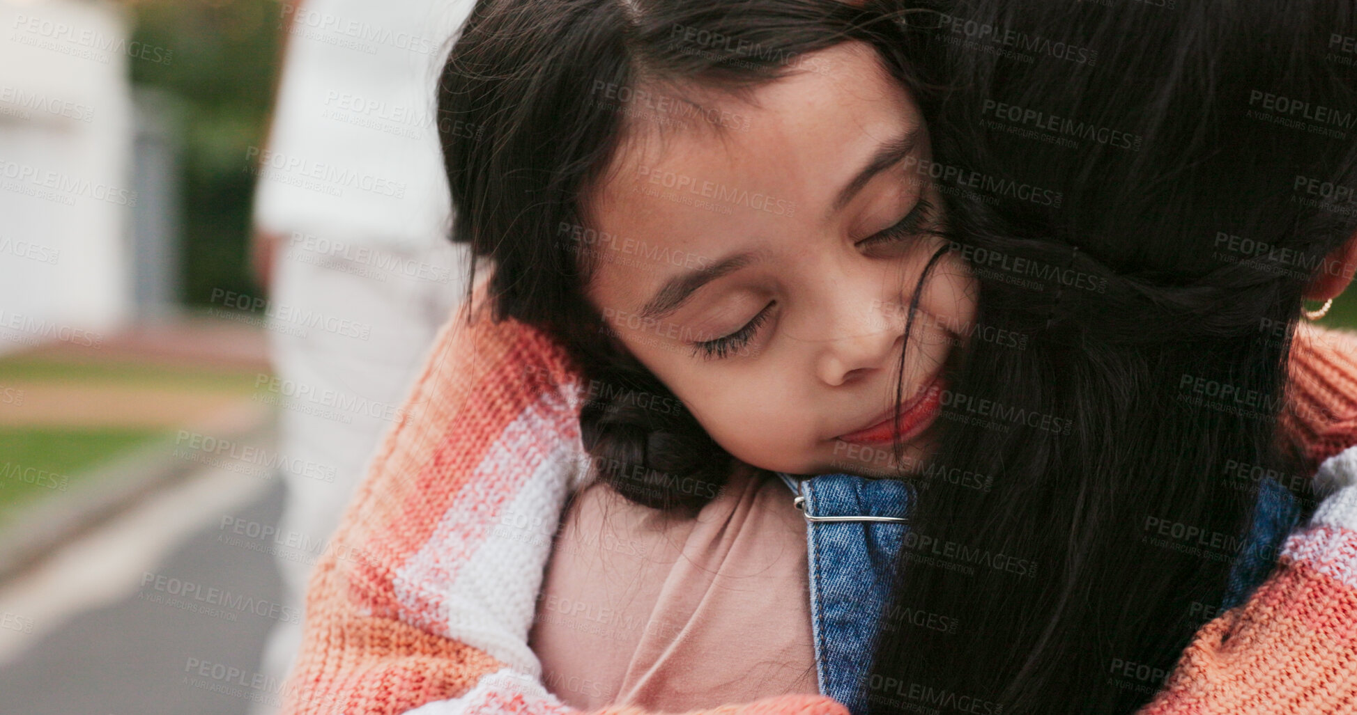 Buy stock photo Child, mother and hug outdoor with love and care on a road with security and comfort. Young girl, kid and relax with family embrace together with trust, unity or bonding on a street in a neighborhood