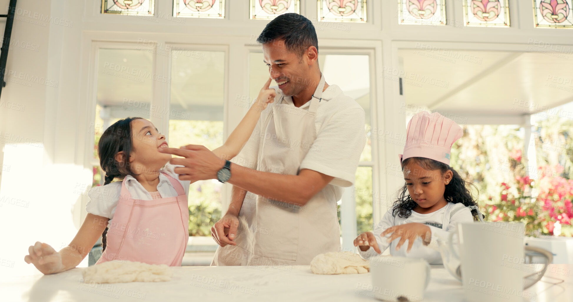 Buy stock photo Fun, pastry and dad baking with girls in kitchen, home together for bonding or growth. Play, children or family and female child learning, food and parent in house with kids for childhood development