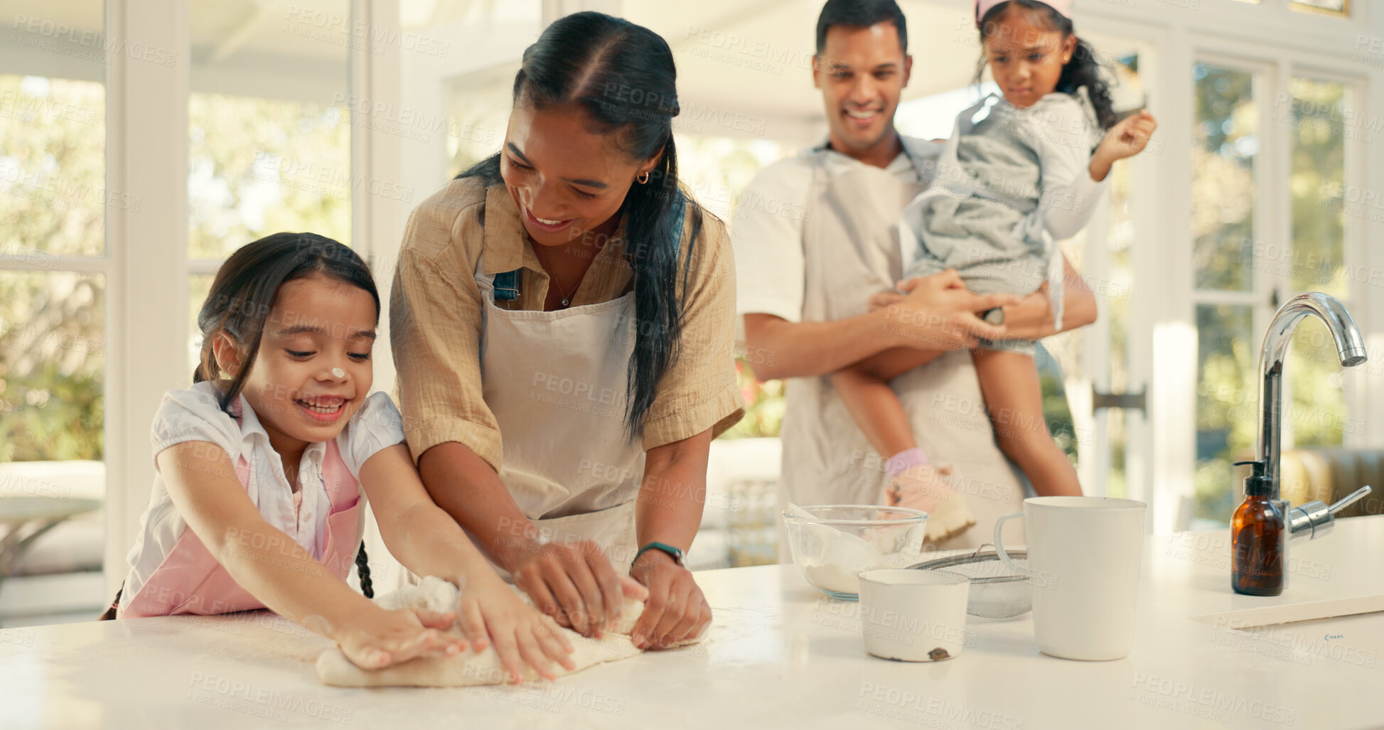 Buy stock photo Baking, dough and family teach girls to cook in kitchen, home together for happy bonding. Pastry, children or growth and female kids learning, food or parent in house for fun or childhood development