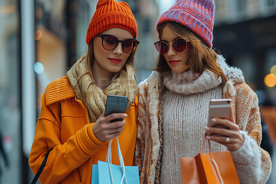 Women, friends and mobile in city for online shopping in winter, big discount on fashion with app. Female people and walking with smartphone in urban for communication, purchase with technology