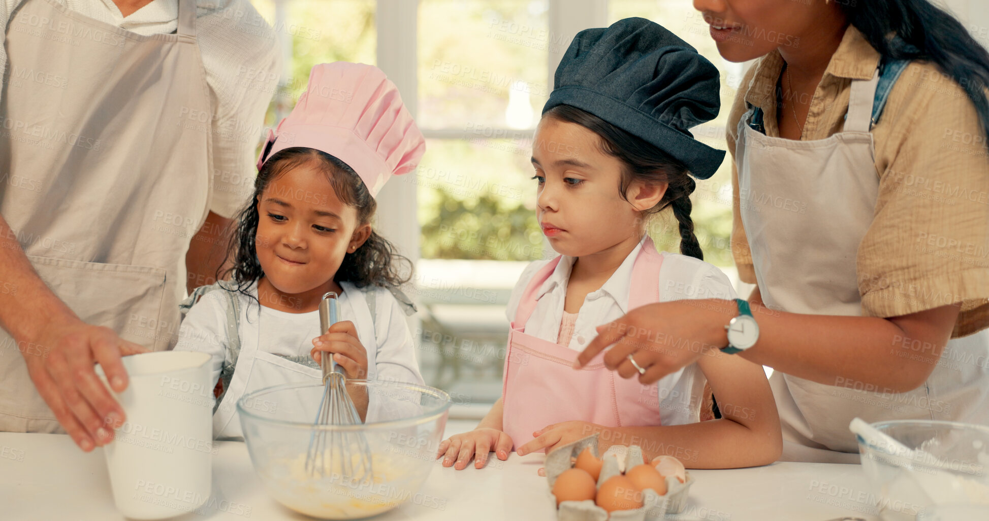 Buy stock photo Baking, dough and family teach in kitchen, home together and cooking girls for bonding. Helping, children and parents and kids learning, food or dessert with parent in house for childhood development