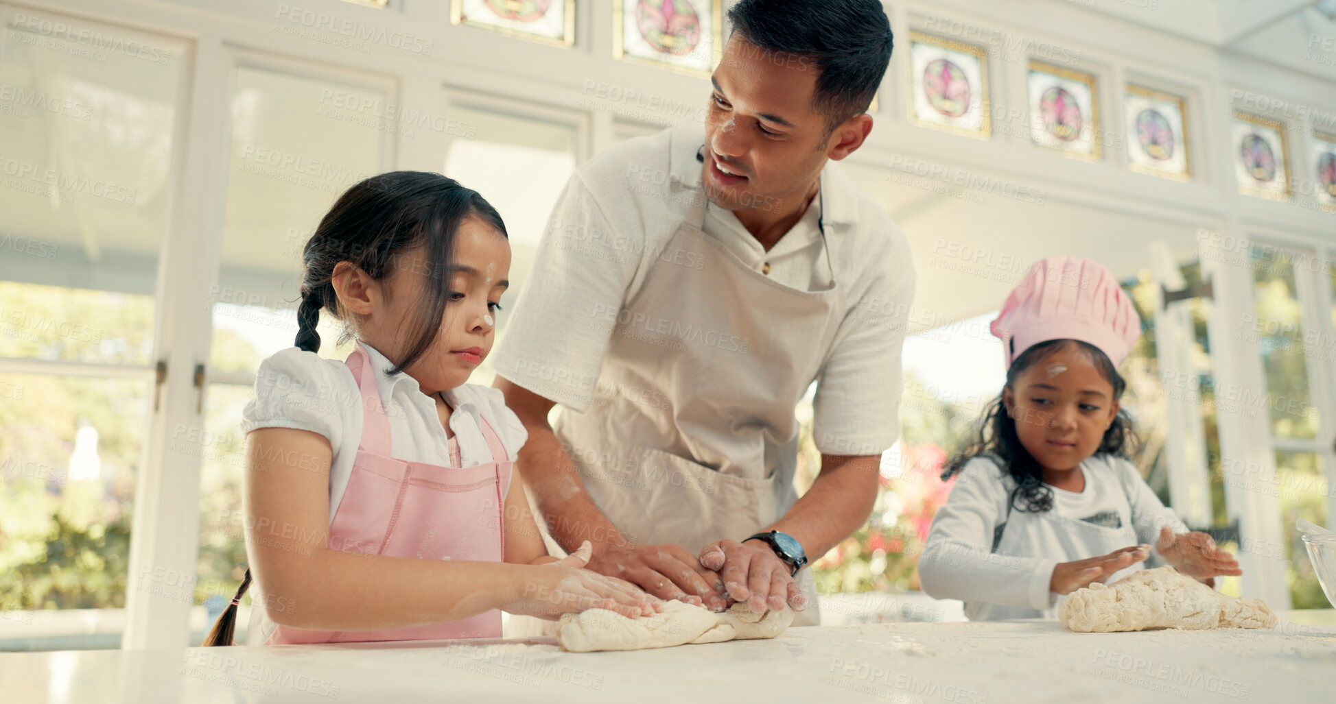 Buy stock photo Baking, dough and dad teach girls cooking in kitchen, home together for bonding together. Pastry, children or family and female kids learning, food or parent in house for fun or childhood development