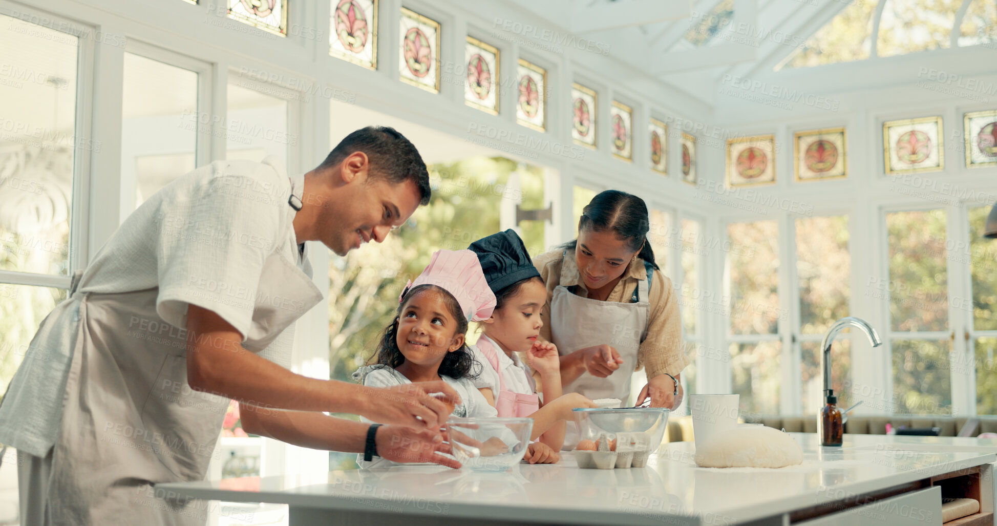 Buy stock photo Family, children and baking in home or learning together for breakfast meal with ingredients, pastry or morning. Mother, father and siblings at kitchen counter for dessert with eggs, dough or bonding