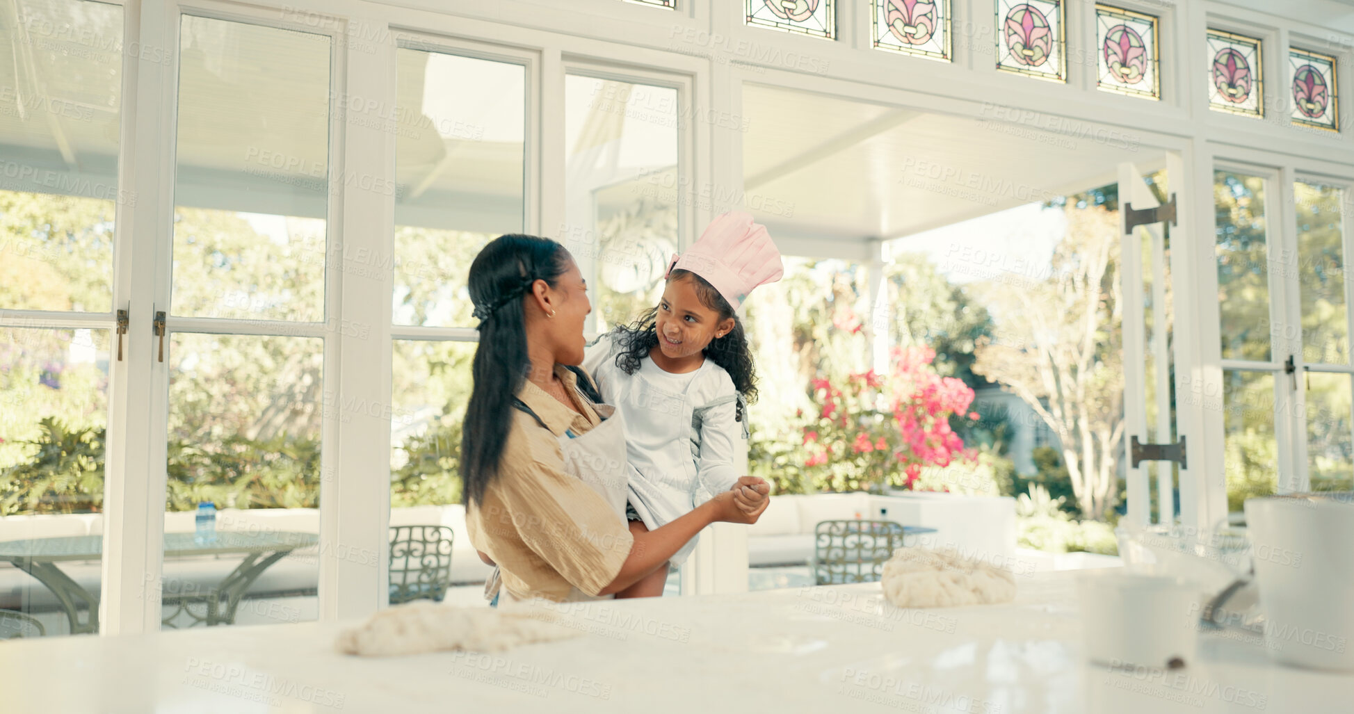 Buy stock photo Baking, dance or mother and daughter in a kitchen for love, learning or bonding in their home together. Happy family, food and kid with mom in a house for diet, nutrition or balance, cake or brunch